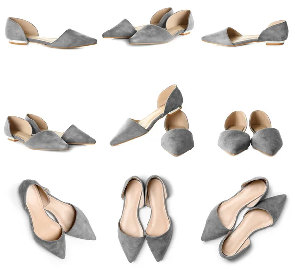 Набор стильной женской обуви на белом фоне — стоковое фото