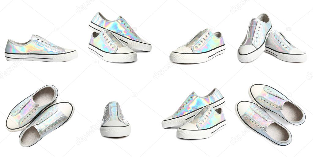 Set of stylish shoes on white background