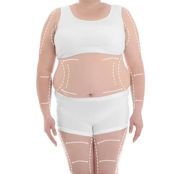 Vrouw in ondergoed op witte achtergrond, close-up. Gewichtsverlies concept — Stockfoto