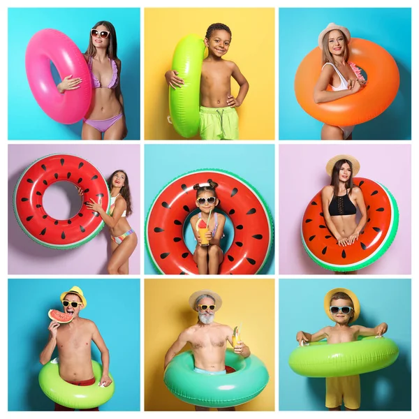 Conjunto de personas con anillos inflables brillantes sobre fondo de color — Foto de Stock