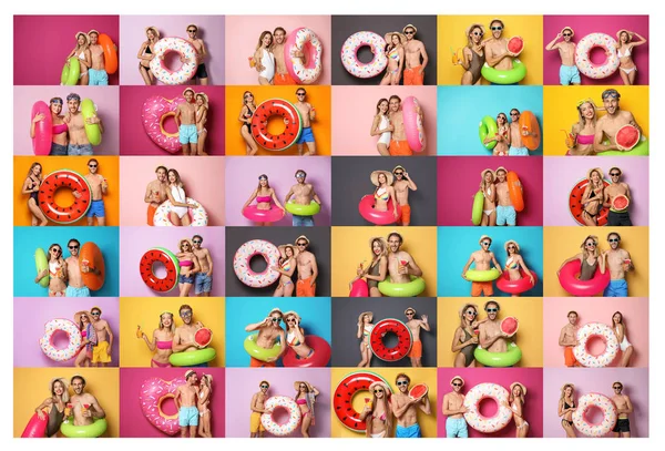 Set of happy couples with bright inflatable rings on color background — Stock Photo, Image
