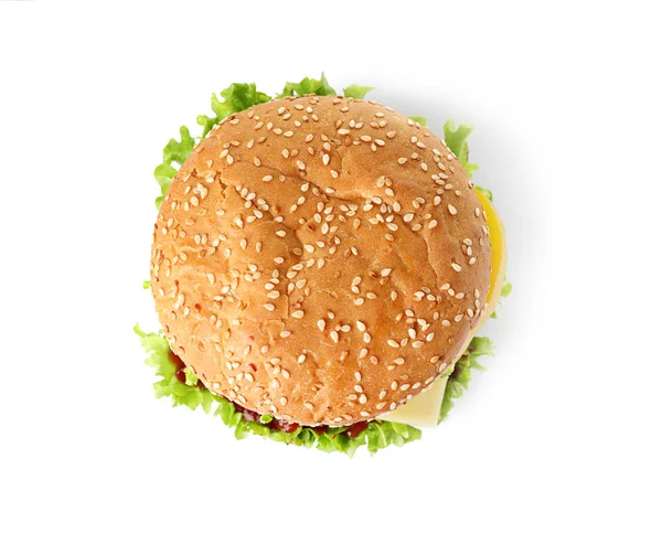 Hambúrguer fresco saboroso isolado em branco, vista superior — Fotografia de Stock