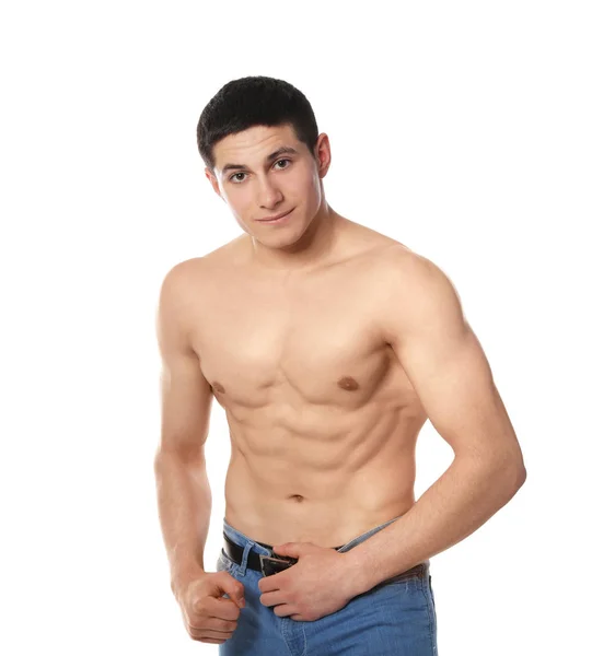 Retrato de hombre musculoso sin camisa sobre fondo blanco — Foto de Stock