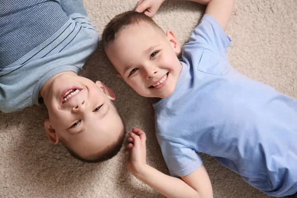 Portrait of cute twin brothers on carpet, top view