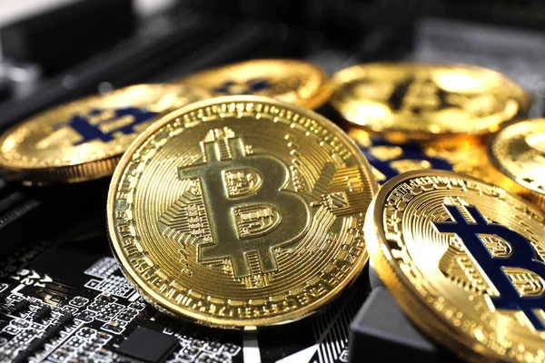 Goldene Bitcoins auf Computerplatine, Nahaufnahme — Stockfoto