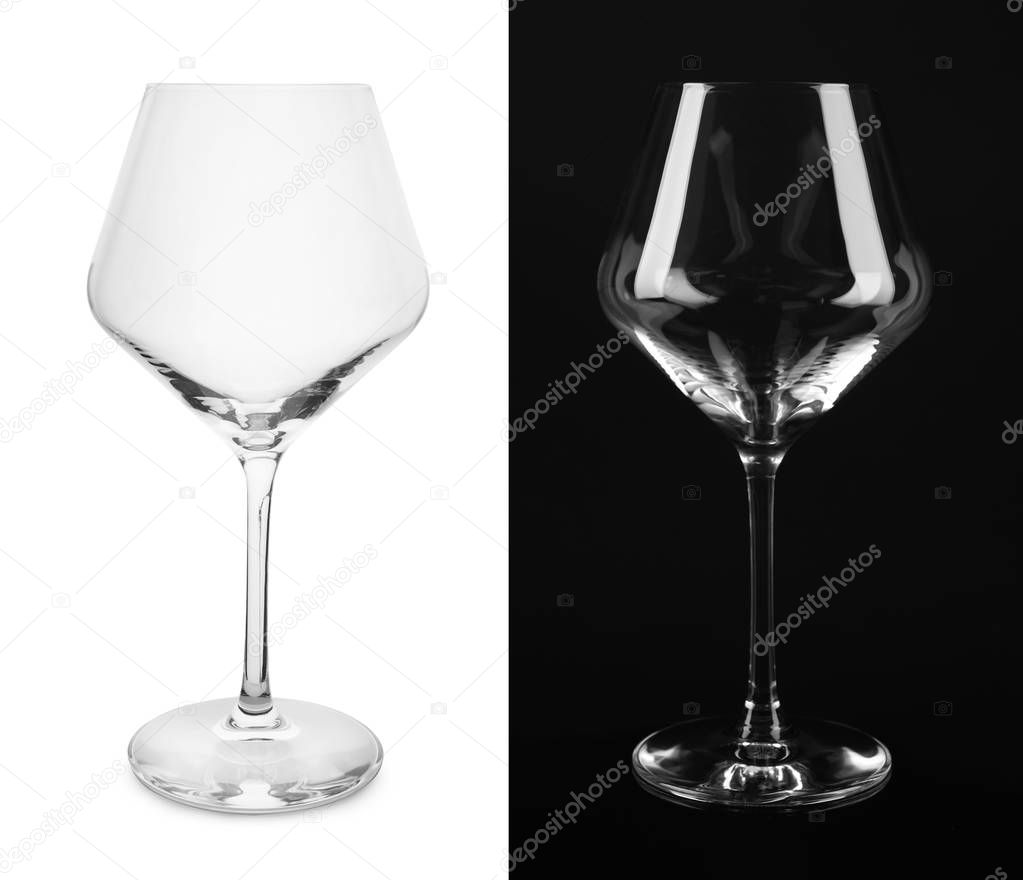 Empty glasses on white and black background