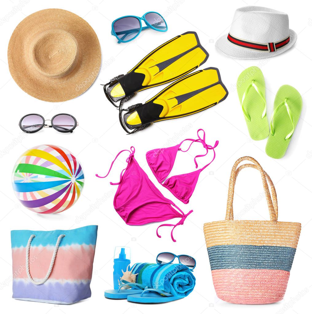 Set of different stylish beach accessories on white background