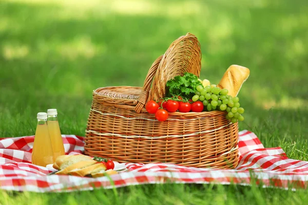 Cesta de mimbre con comida y jugo sobre manta en parque. Picnic de verano — Foto de Stock