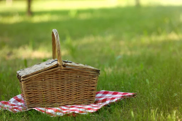 Panier en osier avec couverture sur herbe verte dans le parc, espace pour le texte. Pique-nique d'été — Photo