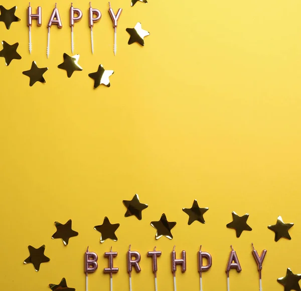 Flat lay composition with birthday candles on color background. Space for text — Stock Photo, Image