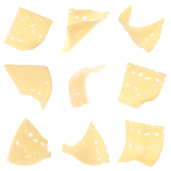Conjunto de deliciosos quesos voladores sobre fondo blanco —  Fotos de Stock