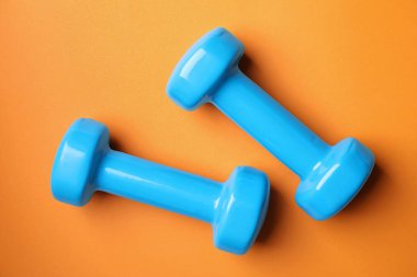 Renkli arka planda parlak halterler, düz yatıyordu. Ev fitness