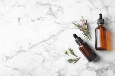 Mermer masa üzerinde doğal çay ağacı yağı şişeleri ile Düz yatıyordu kompozisyon, metin için alan