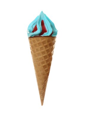 Beyaz arka planda nefis dondurmalı waffle külahı tutan kadın.