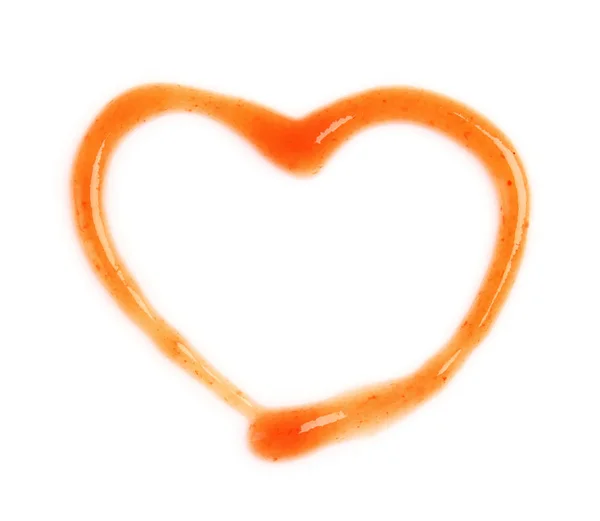 Sos pomidorowy w kształcie serca na białym tle, widok z góry. Miejsce na tekst — Zdjęcie stockowe