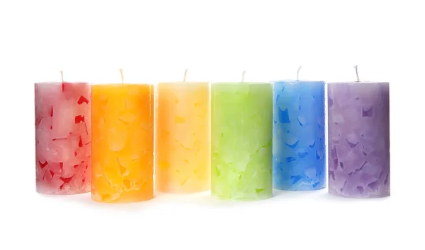 Six color wax candles on white background — Stock Photo, Image