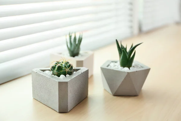 Janela com persianas e vasos de plantas no peitoril — Fotografia de Stock