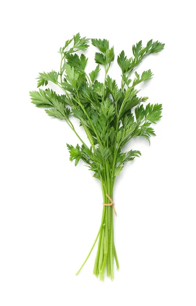 Bunch of fresh parsley isolated on white, top view — Stok Foto