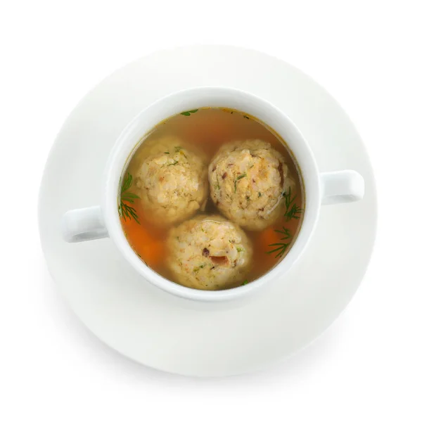 Bowl of Jewish matzoh balls soup isolated on white, top view — Stock Photo, Image