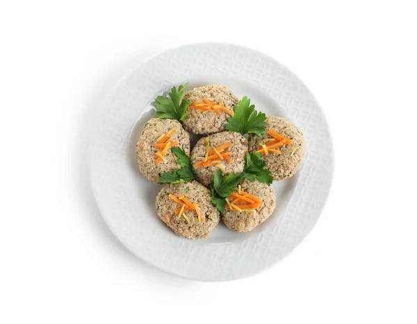 Plate of traditional Passover (Pesach) gefilte fish isolated on white, top view — Stock Photo, Image