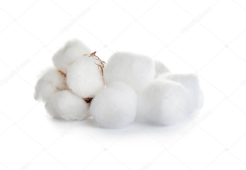 Balls of fluffy cotton and flower on white background