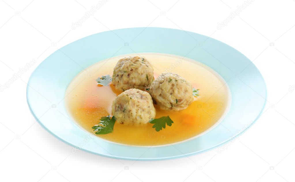 Dish of Jewish matzoh balls soup isolated on white