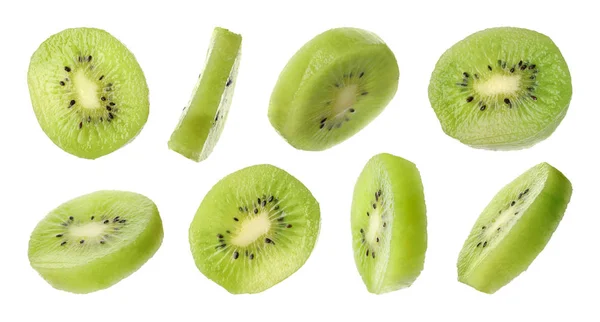 Sada řezaných čerstvých šťavnatých Kiwi na bílém pozadí — Stock fotografie