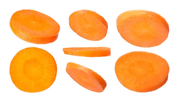 Set of cut fresh ripe carrot on white background, closeup — Stock Photo, Image