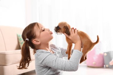 Evde komik Brüksel Griffon köpek ile sevimli kız Portresi. Sadık arkadaşlar