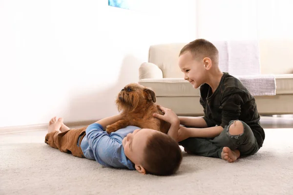 Retrato de meninos bonitos com engraçado cão de Bruxelas Griffon em casa, espaço para texto. Amigos leais — Fotografia de Stock