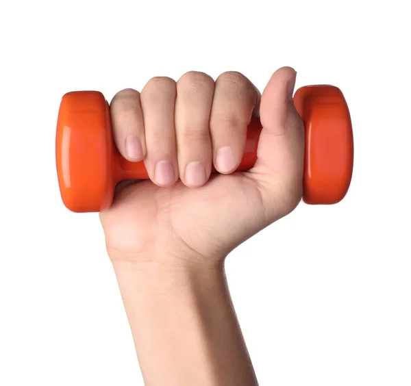 Woman holding vinyl dumbbell on white background, closeup — Stock Photo, Image