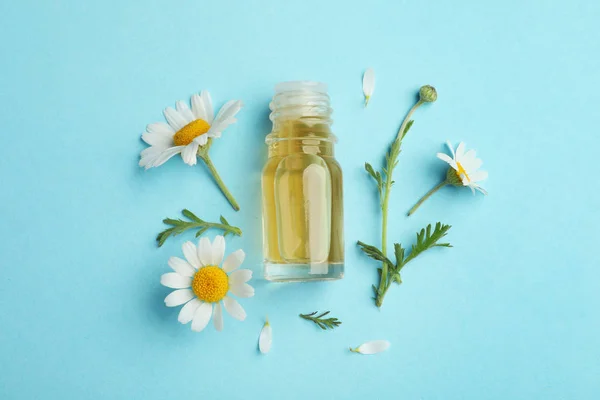 Composición plana con flores de manzanilla y botella cosmética de aceite esencial sobre fondo de color — Foto de Stock