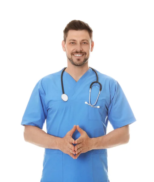 Retrato de médico varón en matorrales aislados en blanco. Personal médico — Foto de Stock