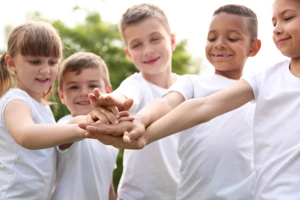 Grupo de niños uniendo sus manos en el parque. Proyecto de voluntariado — Foto de Stock