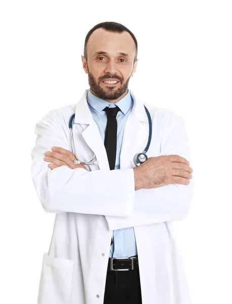 Retrato de médico masculino isolado em branco. Pessoal médico — Fotografia de Stock