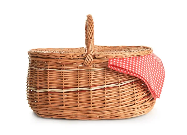 Empty picnic basket with checkered cloth isolated on white — Stock Photo, Image