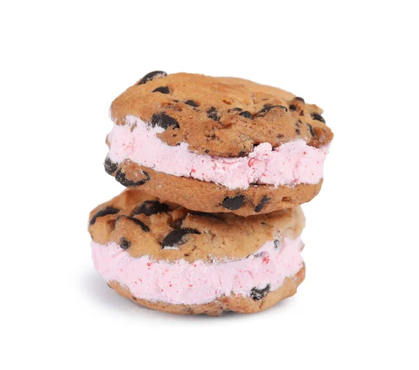 Sweet delicious ice cream cookie sandwiches on white background — Stock Photo, Image