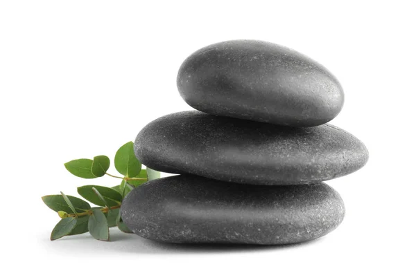 Stack of black spa stones with green branch isolated on white — Stock Photo, Image