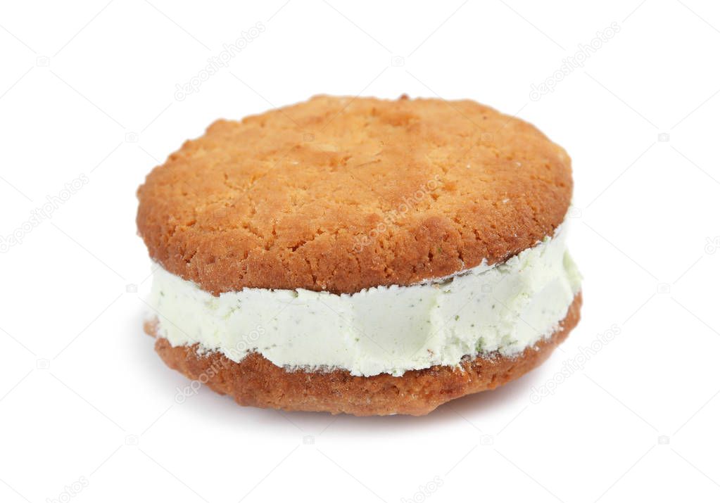 Sweet delicious ice cream cookie sandwich on white background