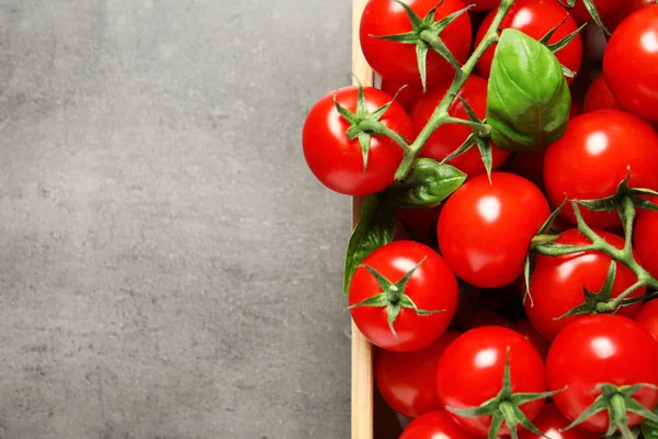 Jaula con tomates cherry frescos sobre fondo de piedra, vista superior. Espacio para texto — Foto de Stock