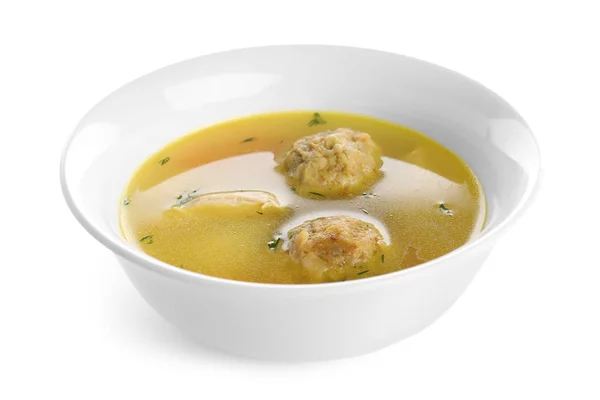 Bowl of Jewish matzoh balls soup isolated on white — Stock Photo, Image