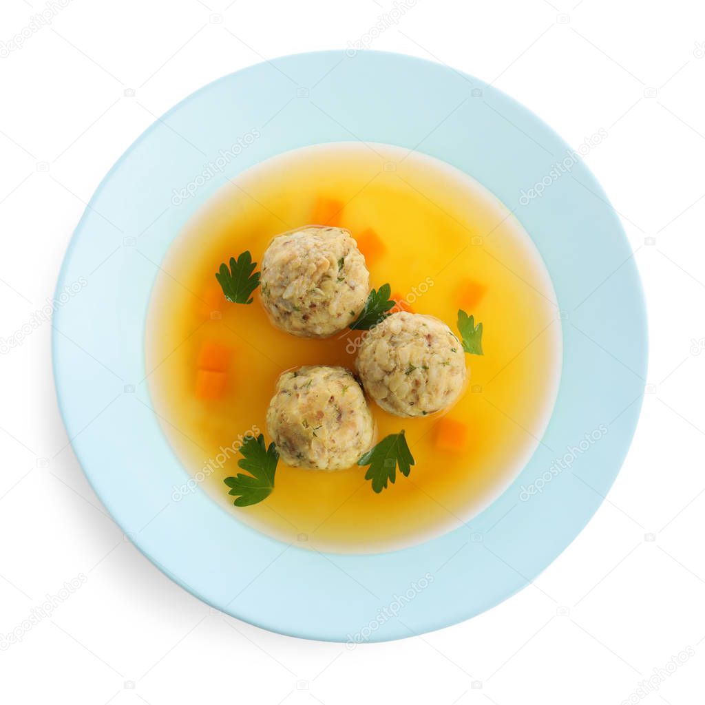 Dish of Jewish matzoh balls soup isolated on white, top view