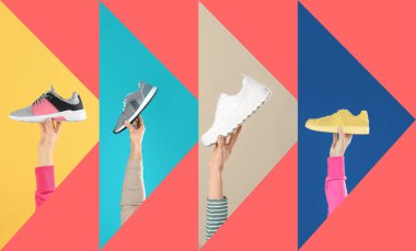 Renk arka plan üzerinde farklı şık ayakkabılar tutan insanlar seti, çekim