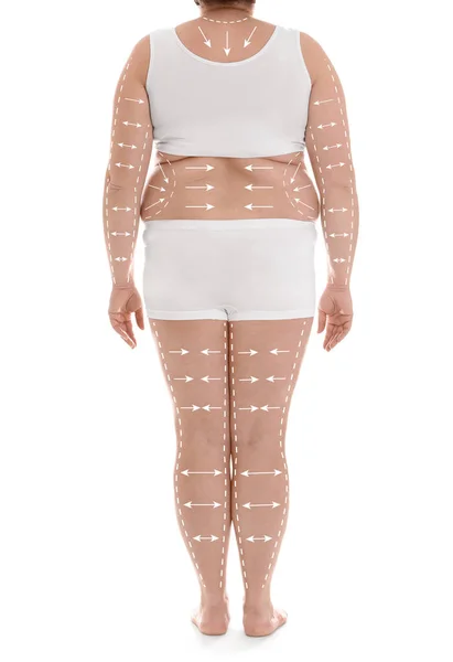 Mujer en ropa interior sobre fondo blanco, primer plano. Concepto de pérdida de peso —  Fotos de Stock