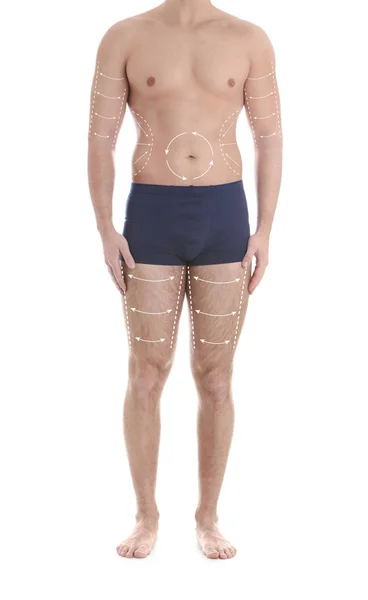 Atletische man in ondergoed op witte achtergrond, close-up. Gewichtsverlies concept — Stockfoto