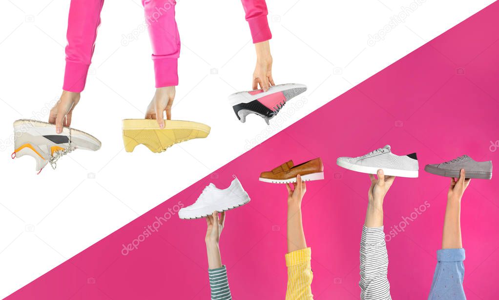 Set of people holding different stylish shoes on color background, closeup