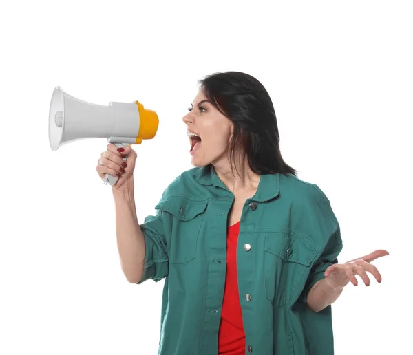 Porträt einer emotionalen Frau mit Megafon auf weißem Hintergrund — Stockfoto