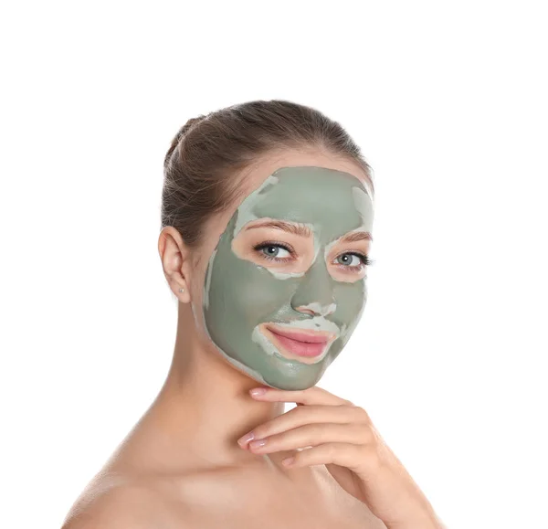 Beautiful woman with clay mask on her face against white background — Stock Photo, Image