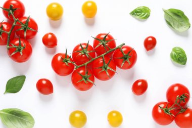 Beyaz arka planda olgun kiraz domates ve fesleğen yaprakları ile Kompozisyon, üst görünümü