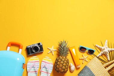 Plaj aksesuarlarıyla renklendirilmiş düz kompozisyon. Metin için boşluk